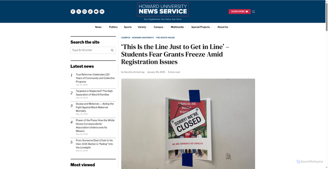 Security scan screenshot of https://hunewsservice.com/howard-university/this-is-the-line-just-to-get-in-line-howard-university-students-react-to-uncertainty-over-a-grants-freeze-amid-financial-registration-issues/