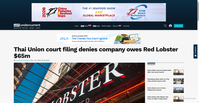 Security scan screenshot of https://www.undercurrentnews.com/2024/12/10/thai-union-court-filing-denies-company-owes-red-lobster-65m/