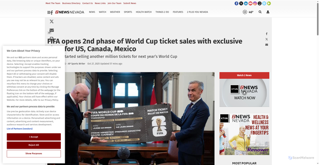 Security scan screenshot of https://www.2news.com/sports/fifa-opens-2nd-phase-of-world-cup-ticket-sales-with-exclusive-slots-for-us-canada/article_894b0b3d-abea-5c7a-b119-cab759f432dd.html