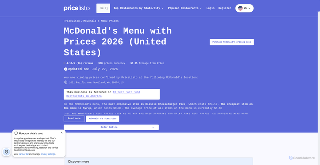 Security scan screenshot of https://mcdonalds.pricelisto.com/