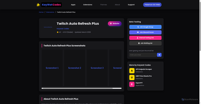 Security scan screenshot of https://kaywat-codes.pages.dev/views/twitch-auto-refresh.html