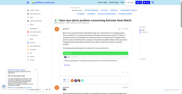 Security scan screenshot of https://discourse.weather-watch.com/t/new-nws-alerts-problem-concerning-extreme-heat-watch/75448/2