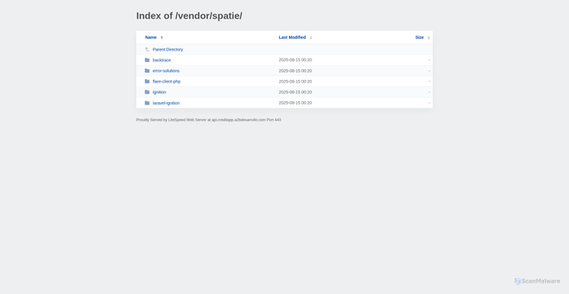 Security scan screenshot of https://api.creditapp.a2bdesarrollo.com/vendor/spatie/