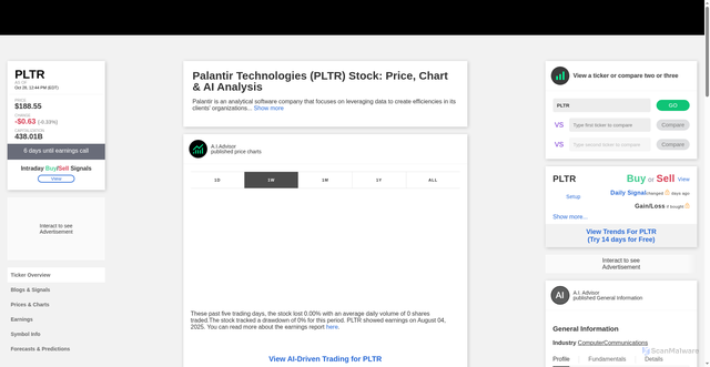 Security scan screenshot of https://tickeron.com/ticker/PLTR/