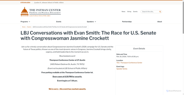 Security scan screenshot of https://patman.lbj.utexas.edu/events/lbj-conversations-evan-smith-race-us-senate-congresswoman-jasmine-crockett
