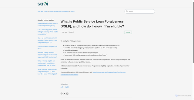 Security scan screenshot of https://bysavi.zendesk.com/hc/en-us/articles/115005058474-What-is-Public-Service-Loan-Forgiveness-PSLF-and-how-do-I-know-if-I-m-eligible
