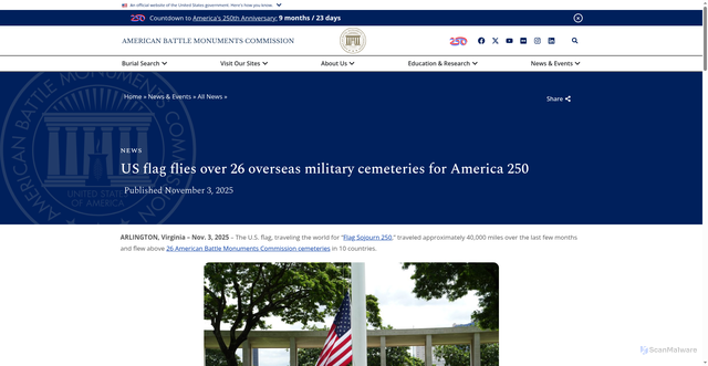 Security scan screenshot of https://www.abmc.gov/news-events/news/us-flag-flies-over-26-overseas-military-cemeteries-for-america-250/