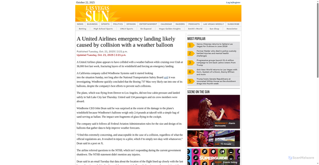 Security scan screenshot of https://lasvegassun.com/news/2025/oct/21/a-united-airlines-emergency-landing-likely-caused-/