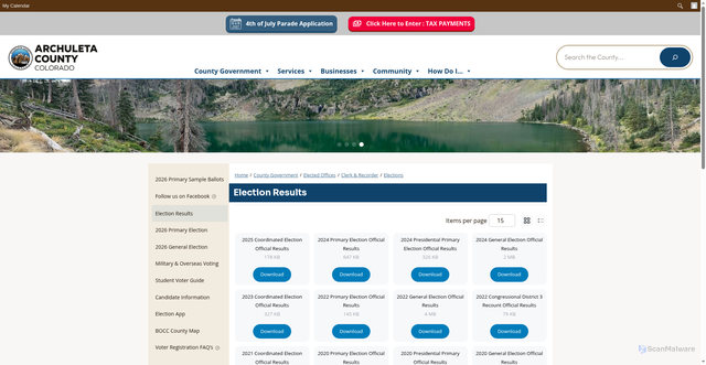 Security scan screenshot of https://www.archuletacounty.gov/county-government/elected-offices/clerk-recorder/elections/election-results/