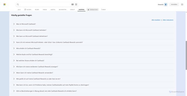 Security scan screenshot of https://www.bing.com/shop/deals/cashback#BlackjackHubFAQ-iframe