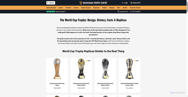 Security scan screenshot of https://graveshamtrophycentre.co.uk/pages/football-world-cup-trophies?srsltid=AfmBOooKGsR_hhsa6bJyadFeZpNkPDMMy7kMXva-TN78u3TA0pcL9YLO