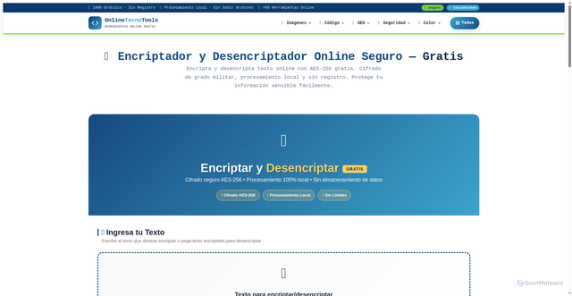 Security scan screenshot of https://onlinetecnotools.com/encriptador-online-seguro-gratis/