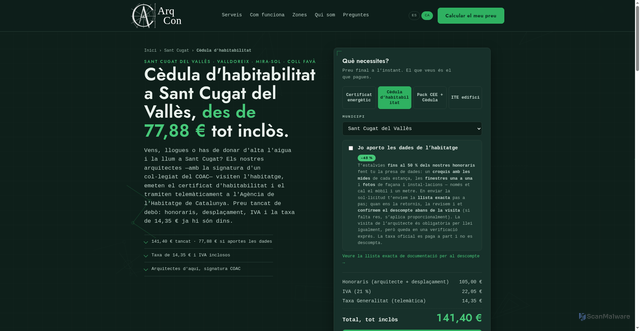 Security scan screenshot of https://arqcon-web.pages.dev/ca/cedula-habitabilitat-sant-cugat/