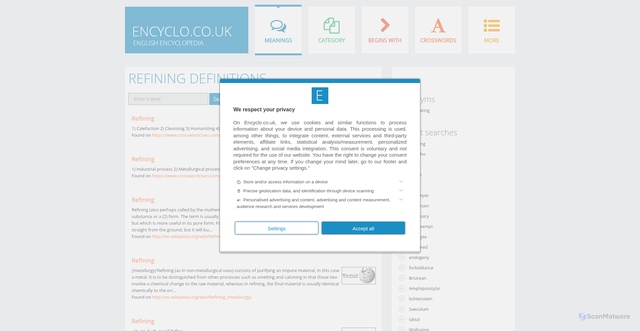 Security scan screenshot of https://www.encyclo.co.uk/meaning-of-Refining