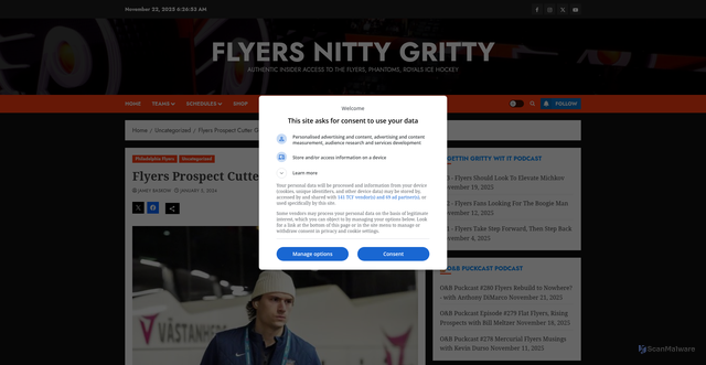 Security scan screenshot of https://flyersnittygritty.com/flyers-prospect-cutter-gauthier-is-a-golden/