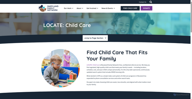 Security scan screenshot of https://marylandfamilynetwork.org/our-work/locate-child-care/
