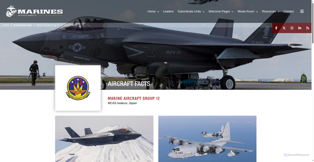 Security scan screenshot of https://www.1stmaw.marines.mil/Subordinate-Units/Marine-Aircraft-Group-12/Aircraft-Facts/