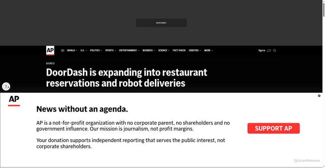 Security scan screenshot of https://apnews.com/article/doordash-robot-delivery-reservations-c7cdcafd900db5e05eb6ed6ab096b9d7