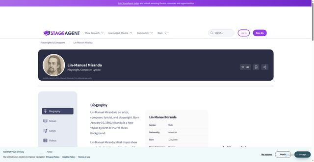 Security scan screenshot of https://stageagent.com/writers/1411/lin-manuel-miranda