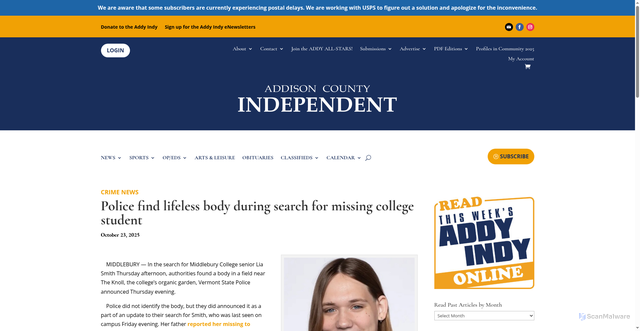Security scan screenshot of https://www.addisonindependent.com/2025/10/23/police-find-lifeless-body-during-search-for-missing-college-student/