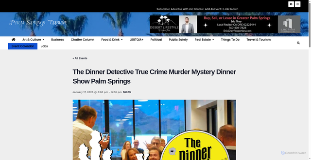 Security scan screenshot of https://pstribune.com/event/the-dinner-detective-true-crime-murder-mystery-dinner-show-palm-springs-2/