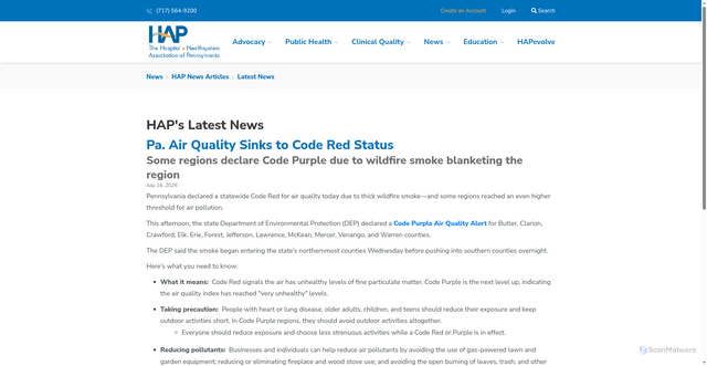 Security scan screenshot of https://www.haponline.org/News/HAP-News-Articles/Latest-News/pa-air-quality-sinks-to-code-red-status