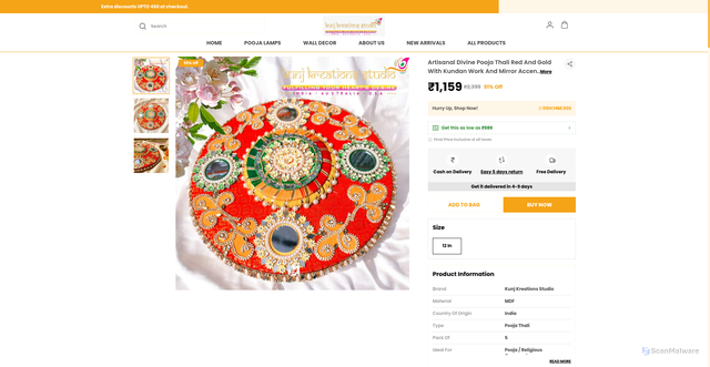 Security scan screenshot of https://kunjkreationsstudio.com/Artisanal-Divine-Pooja-Thali-Red-And-Gold-With-Kundan-Work/catalogue/ClZ95mfM/9lhQ4uty