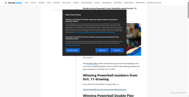 Security scan screenshot of https://www.floridatoday.com/story/news/local/2025/10/11/florida-lottery-results-saturday-october-11-2025/86656046007/