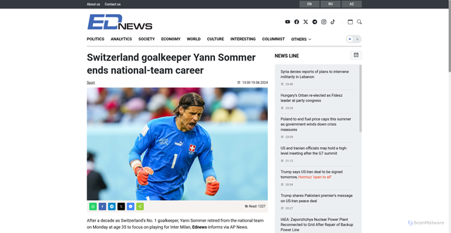 Security scan screenshot of https://www.ednews.net/en/news/sport/674289-switzerland-goalkeeper-yann-sommer-ends