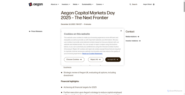 Security scan screenshot of https://www.aegon.com/newsroom/news/press-releases/2025/CMD-2025