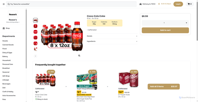 Security scan screenshot of https://delivery.reasors.com/store/reasors/products/2683308-coca-cola-coke-12-fl-oz