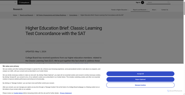 Security scan screenshot of https://research.collegeboard.org/reports/sat-suite/concordance/higher-ed-brief-clt-sat