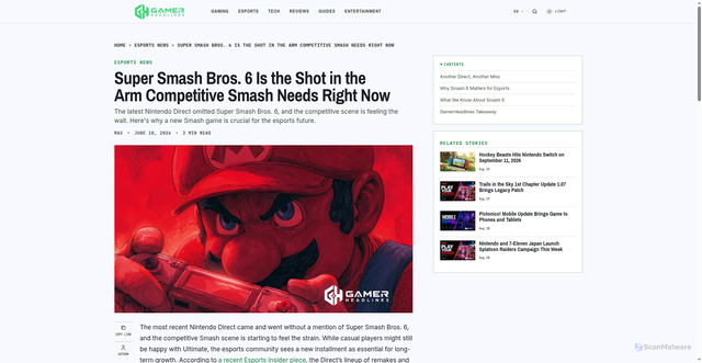 Security scan screenshot of https://gamerheadlines.com/super-smash-bros-6-is-the-shot-in-the-arm-competitive-smash-needs-right-now/