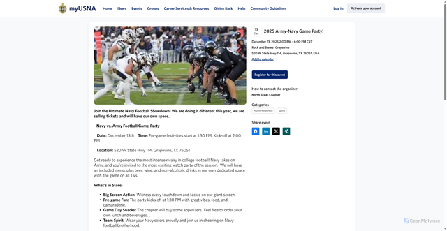 Security scan screenshot of https://myusna.com/events/135245