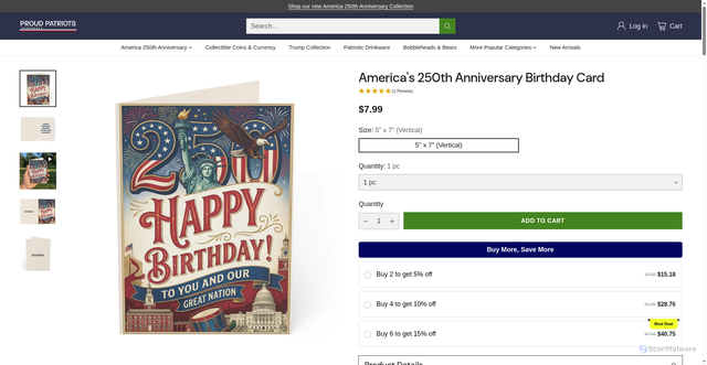 Security scan screenshot of https://proudpatriots.com/products/americas-250th-anniversary-birthday-card-set-of-1-10-30-or-50pcs?srsltid=AfmBOoq8h2fe_RQAf9J8Uls01LjcBQtxFIWxPhvW1jQDHz_O_8a6VIkU