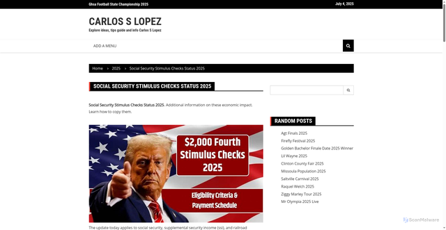 Security scan screenshot of https://carlosslopezd.pages.dev/dzwun-social-security-stimulus-checks-status-2025-pkzrz/