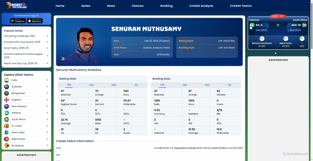 Security scan screenshot of https://cricketfastliveline.in/cricket/muthusamy-stats/16175