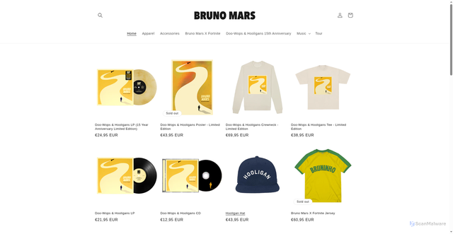Security scan screenshot of https://store.brunomars.com/