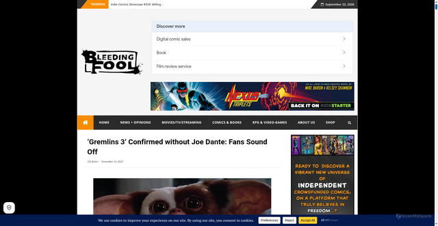 Security scan screenshot of https://bleedingfool.com/movies-tv-film/gremlins-3-confirmed-without-joe-dante-fans-sound-off/