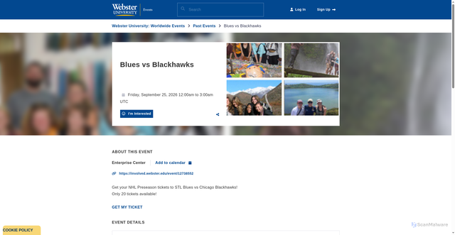 Security scan screenshot of https://events.webster.edu/event/blues-vs-blackhawks