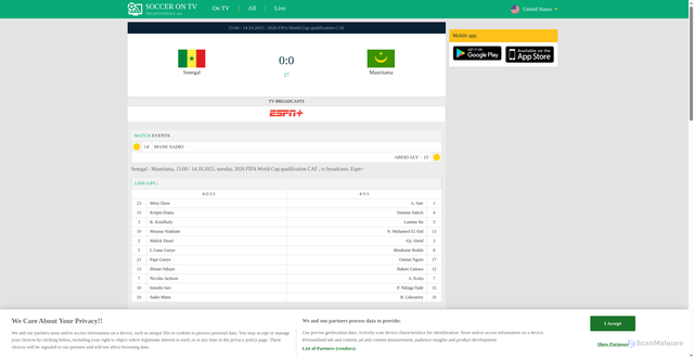 Security scan screenshot of https://www.telefootball.net/US/Senegal-Mauritania-2025-10-14-597910.html
