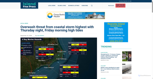 Security scan screenshot of https://islandfreepress.org/outer-banks-news/overwash-threat-from-coastal-storm-highest-with-thursday-night-friday-morning-high-tides/