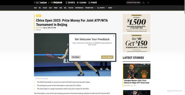 Security scan screenshot of https://sports.betmgm.com/en/blog/china-open-prize-money-tennis-payouts-atp-wta-bm06/