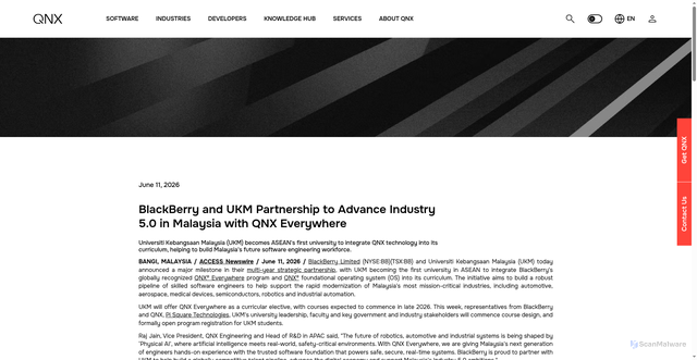 Security scan screenshot of https://qnx.software/en/press-release/2026/blackberry-and-ukm-partnership-to-advance-industry-5-0-in-malaysia-with-qnx-everywhere