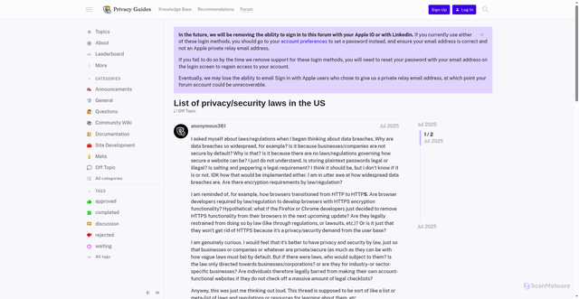 Security scan screenshot of https://discuss.privacyguides.net/t/list-of-privacy-security-laws-in-the-us/29381