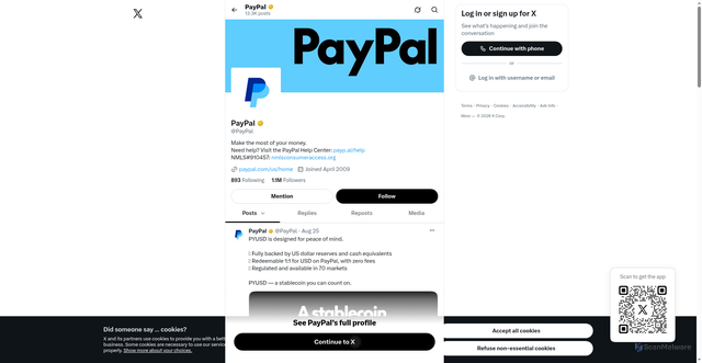 Security scan screenshot of https://x.com/PayPal?v=1%2C0.1&utm_source=unp&utm_medium=email&utm_campaign=RT004167&utm_unptid=4f47a1c8-a83a-11f1-87e2-fbcc90b3b275&ppid=RT004167&cnac=US&rsta=en_US%28en-US%29&cust=WSFU9QUFW7D9J&unptid=4f47a1c8-a83a-11f1-87e2-fbcc90b3b275&calc.c47ca923859&unp_tpcid=da_rt004167_pre_closure&page=main%3Aemail%3ART004167&pgrp=main%3Aemail&e=re&mchn=em&s=ci&mail=sys&appVersion=1.439.0&tenant_name=PayPal&xt=185429%2C182450%2C185426%2C175543%2C104038%2C183982%2C184725%2C180509&xe=115153%2C114833%2C115152%2C114002%2C101255%2C114941%2C115052%2C114543&link_ref=twitter.com_paypal
