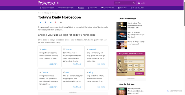 Security scan screenshot of https://www.prokerala.com/astrology/horoscope/