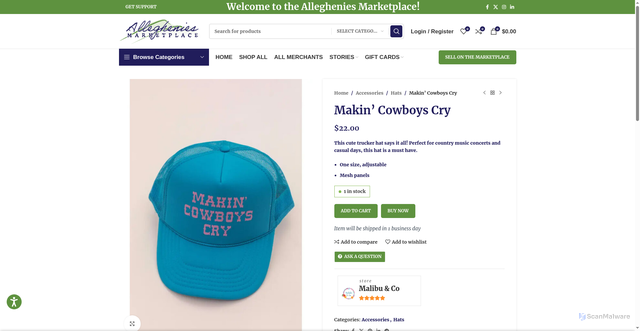 Security scan screenshot of https://allegheniesmarketplace.com/product/makin-cowboys-cry/