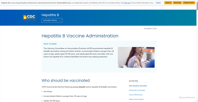 Security scan screenshot of https://restoredcdc.org/www.cdc.gov/hepatitis-b/hcp/vaccine-administration/index.html