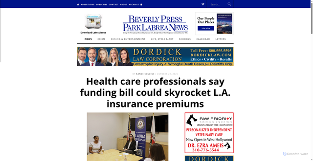 Security scan screenshot of https://beverlypress.com/2025/10/health-care-professionals-say-funding-bill-could-skyrocket-l-a-insurance-premiums/